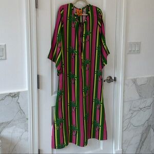 Vibrant Striped Dress with Palm Tree Design